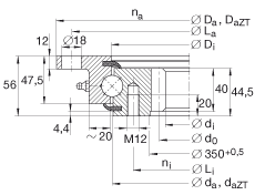 四點接觸球軸承 VLI200414-N, 輕系列 20， 內部的齒輪齒，兩側唇密封